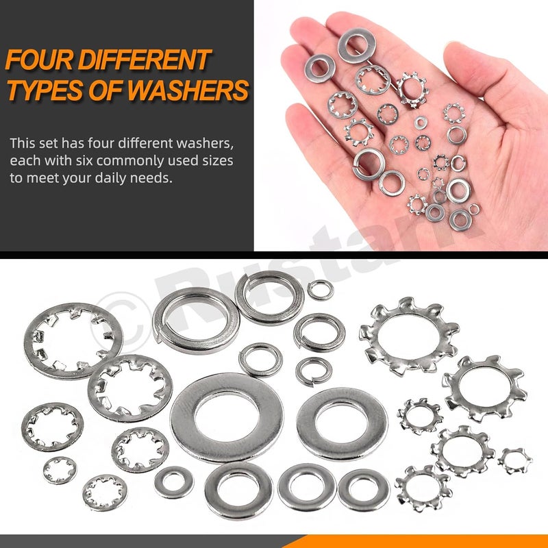Rustark 400Pcs 6 Sizes 304 Stainless Steel SAE External & Internal Star Washers & Split Lock Washers & Flat Washer Assortment Kit Spring Lock Washer for Home Industry Construction - Image 4
